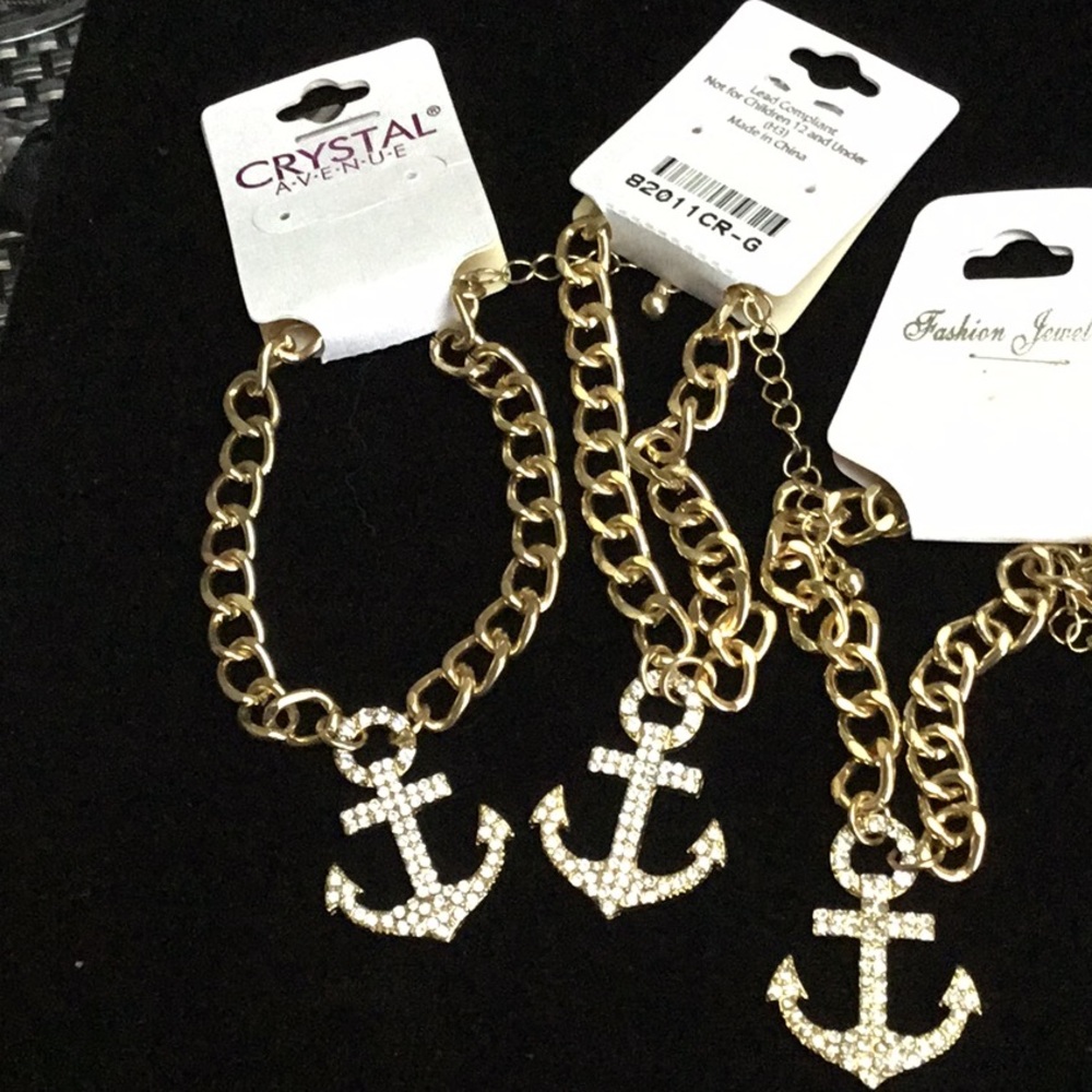 Bundle: New With Tags Crystal Bling Gold tone Adjustable Anchor Charm Bracelet